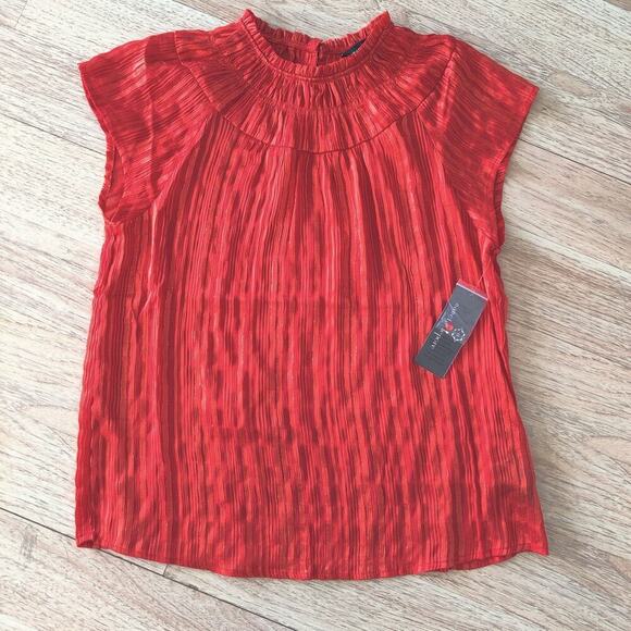 Nanette Lepore Short Cap Sleeve Blouse S Striped Metallic Ruffle Neck Orange Red - Picture 7 of 11